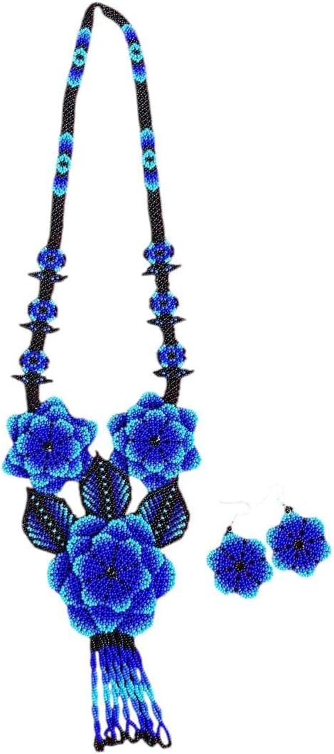 Handmade Tribal Beaded Necklace and Earrings Set – Ethnic Boho Jewelry for Women – Floral Seed Bead Statement Necklace with Matching Earrings