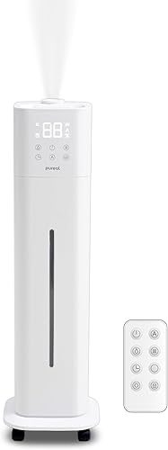 Pureal Humidificador de torre de 10L, tiempo de funcionamiento 83H, niebla cálida y fría, habitación grande, tanque de llenado superior en ruedas,