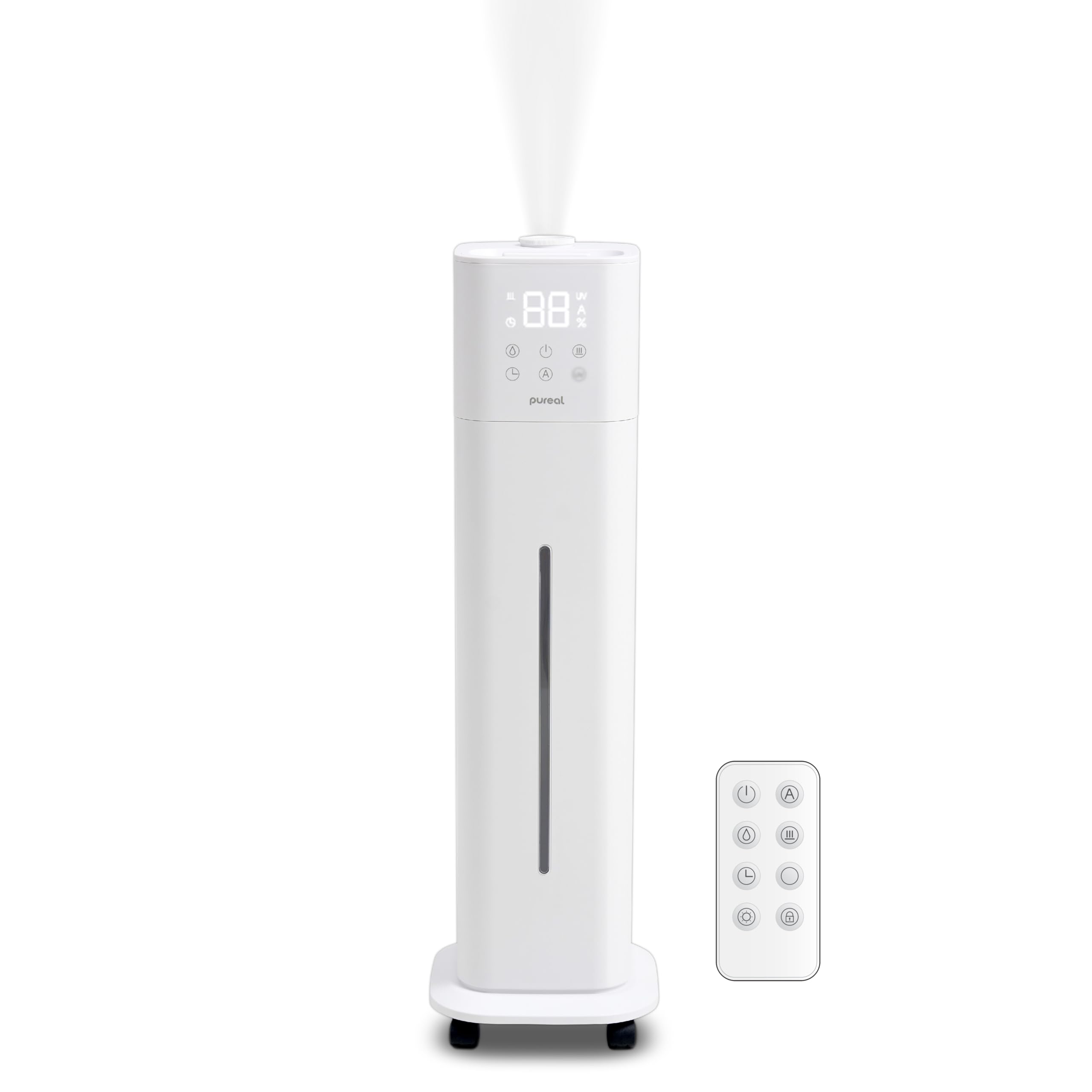 Pureal Humidificador de torre, 2.6 galones (10 L) sobre ruedas, niebla cálida y fría de 3 etapas, dura 83 horas, habitación grande con luz ambiental, ajuste de humedad, temporizador de 12 horas