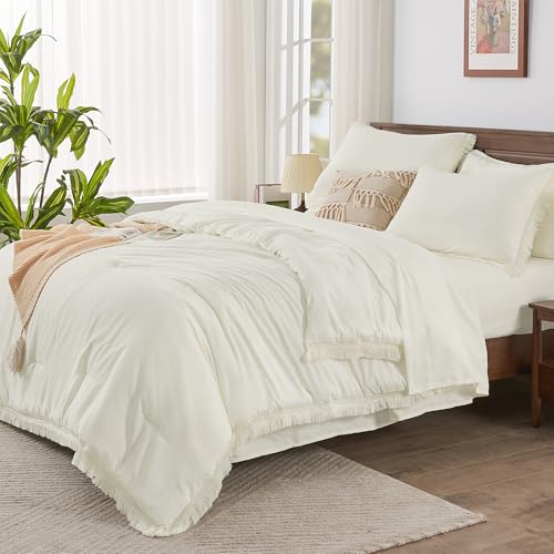 Image of Andency Oversized King Comforter Set Ivory 120x98-7 Pieces Boho Tassel Bed in a Bag Soft Lightweight Bedding Sets, Fringe All Season Bed Set with Comforter, Sheets, Pillowcases & Shams