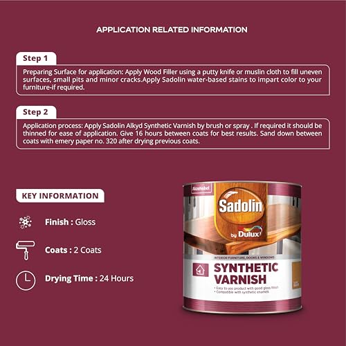 Image of Sadolin by Dulux | Synthetic Varnish Wood Finish | Water resistant, all weather durable and long lasting | Wood Polish with excellent scratch, stain, and crack resistance, 4 Litres