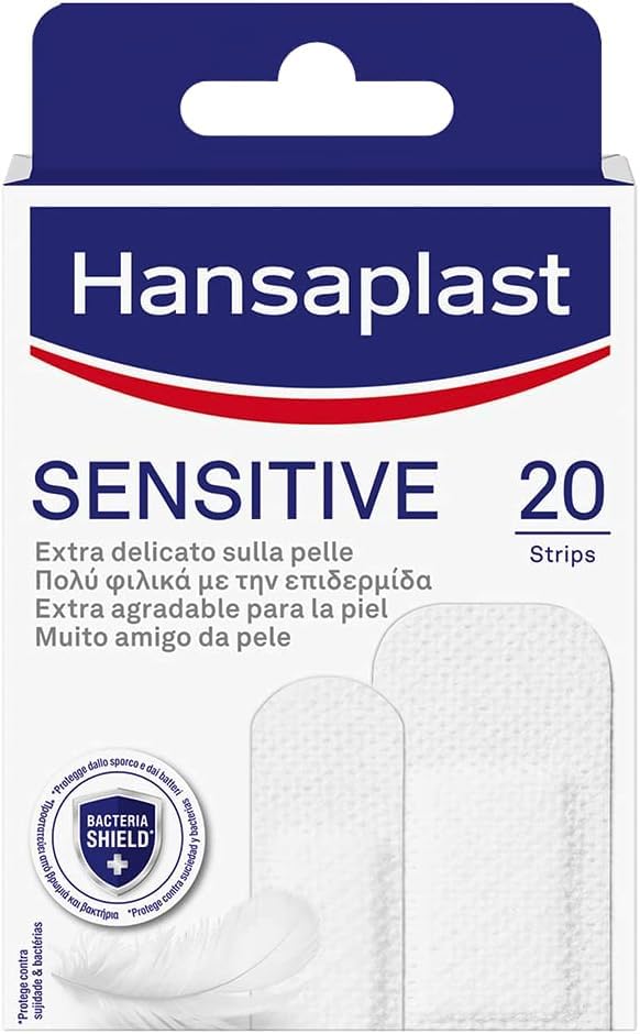 Hansaplast SENSITIVE Cerotti extra delicati specifici per pelli sensibili, Cerotti Hansaplast ipoallergenici per piccole ferite e graffi, 1 confezione da 20 pezzi in formati assortiti