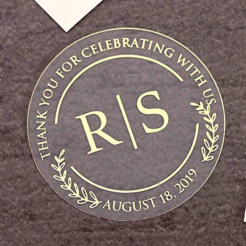 Custom Real Gold Foil Metallic Print Transparent Wedding Label Stickers For Jars, Candles, Bottles And Wedding Favor Gifts. Personalized Rose Gold And Silver Initials Design Print On Round Labels #TOP19