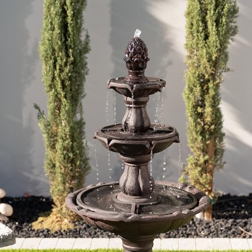 XBrand 3-Tier Freestanding Waterfall Fountain w/Pump & Pineapple Top, 51 Inch Tall, Brown, Large Outdoor Garden Fountain, Ideal for Garden, Porch, and Lawn - Thumbnail 4