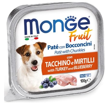 Monge Fresh Fruit húmedo para perros de todos los tamaños con fruta, sabor cacino y arándanos | 6 bandejas de 100 gramos cada una.