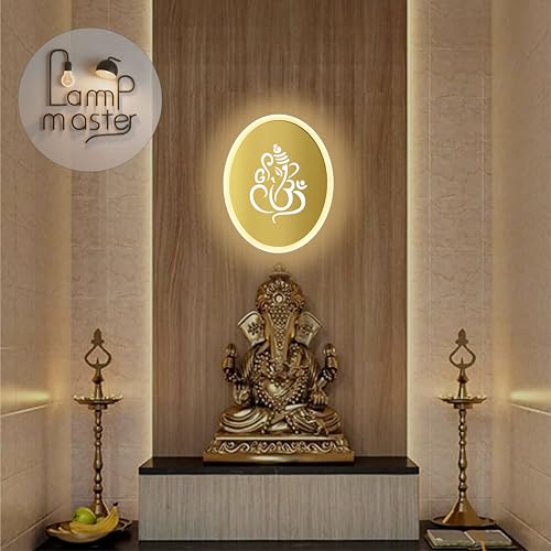 Image of Ganpati LED Wall Light - Gold & Frosted Acrylic | 23cm | Warm White | Ideal for Temple, Living Room, Bedroom, Pooja Room, Mandir, Shops, Hotel (Oval - Ganesh - Gold)