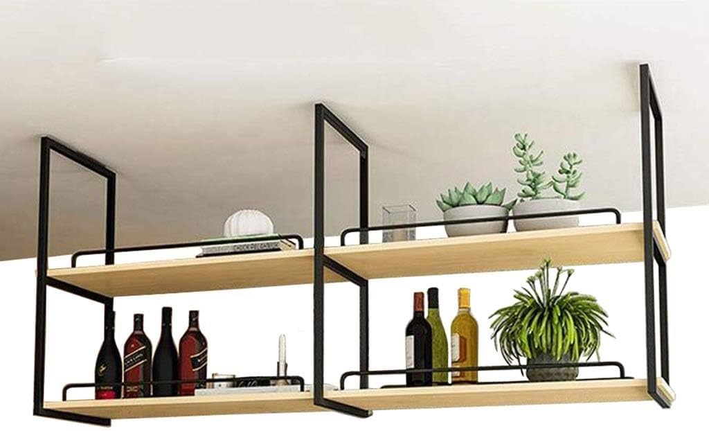 Ceiling Wine Rack - Hanging Wine Glass Rack, Nordic Iron Solid Wood Ceiling Display Stand, 2 Tier Ceiling Mounted Storage Shelf Plant Stand, Bar Restaurant Hanging Decorative Flower Stand ( Color : Bl