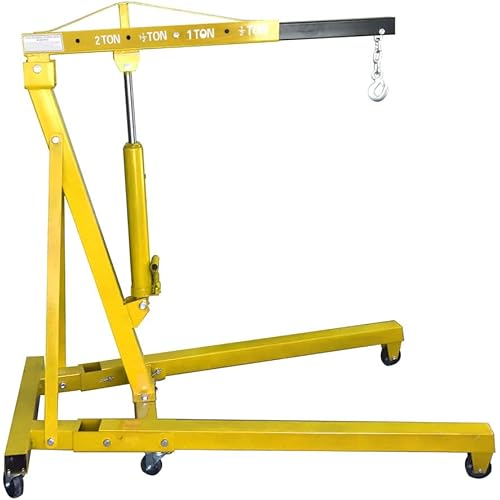 TUFFIOM 2 Ton Folding Hydraulic Engine Crane with Telescopic Boom and Outriggers and Hook, 4400 lbs Workshop Crane Lifting Cherry Picker, Heavy Duty Steel Electric Hoist, Yellow