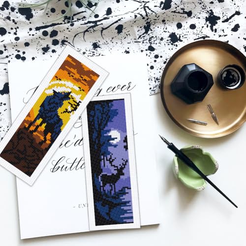 Image of BEUNITONE 6 Pcs Cross Stitch Bookmark Kit for Beginner Black Moon Animals Counted Cross Stitch Kit with Instruction Stamped Embroidery Bookmarks Handmade for DIY Crafts Book Lovers 8.5''x3''