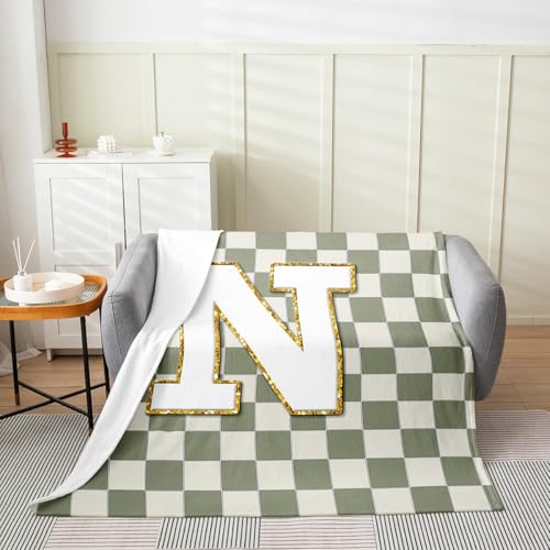 Image of Erosebridal Sage Green Checkered Fleece Blanket Throw 50 inchx60 inch Plaid Initial N Flannel Blanket Personalized Monogram Fuzzy Plush Throw for Kids Boys Girls,Fashion Grids Gingham Decor for Bed Couch