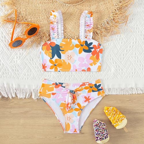 Girls Swimsuit Teens Kids 2 Piece Floral Bathing Suit Smocked Sleeveless Printed Tops Knotted Bottoms Cute Bikini Set2