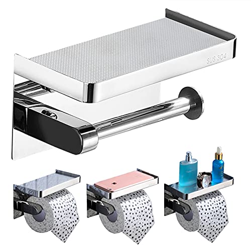 Stainless Steel Toilet Paper Holder with Shelf,Hearsky Roll Toilet Paper Holders with Phone Shelf,Polished Chrome Bathroom Tissue Holder with Storage,Tissue Roll Dispenser,No Drilling-Mirror Silver