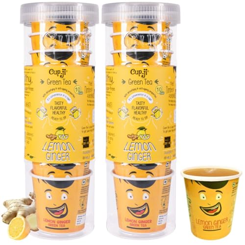 Image of Cup-Ji Lemon Ginger Green Tea | Rich in Vitamin C, Boosts Metabolism with Ginger & Mint | Non-Bitter, Tasty Whole Leaf Green Tea | Support Hair & Skin |10 Cups with Each Cup Size 210 ml | Pack of 2