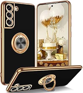 YINLAI Samsung Galaxy S21 FE Case Soft Silicone TPU Slim Case with Gold Magnetic Ring Holder Shockproof Women Protective Girls Case Cover for Samsung Galaxy S21 FE 5G, Black