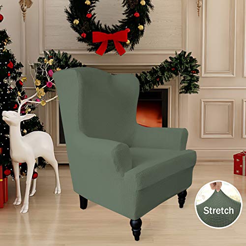 Image of Easy-Going Stretch Wingback Chair Sofa Slipcover Greyish Green | 1-Piece Sofa Cover Furniture Protector Couch Soft with Bottom, Spandex Jacquard