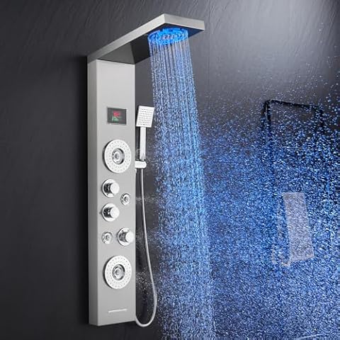 ROVATE LED Shower Panel Tower System with Rainfall and Mist Shower Head, 6-in-1 Shower Panels with Jets and Handheld and Digital Temperature Display, Shower Tower High Pressure with Tub Spout Cover