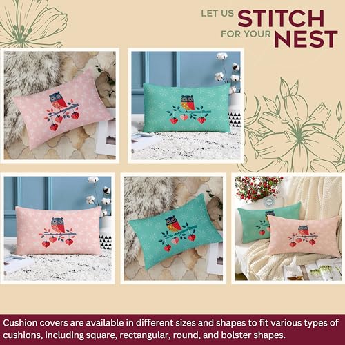 STITCHNEST Ethnic Owl Printed Canvas Cotton Rectangular Cushion Covers, Set of 2 (12 x 18 inches)