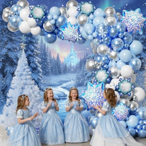Image of Snowflake Balloon Arch Garland Kit 182pcs, Frozen Balloon Arch Kit Silver Blue White Wonderland Balloons for Winter Wonderland Christmas Baby Shower Snow Princess Birthday Party Decorations