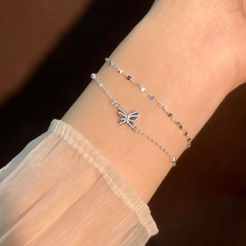 Genérico Pulsera De Plata， Pulsera De Mariposa De Doble Cadena De Plata Esterlina S925 De Lujo, Ligera Y De Alta Gama, Con Cierre De Resorte Ajustable, Joyería Energética Para Mujer.