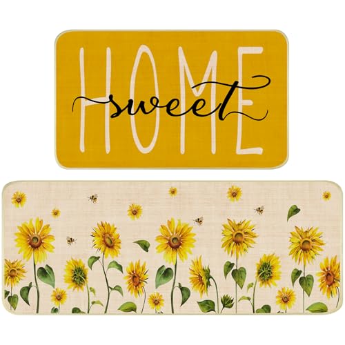 Nialnant Sunflower Kitchen Rugs Set of 2, Non Slip Kitchen Mat for Floor, Low-Profile Kitchen Rug Washable Kitchen mats in Front of Sink 17'' x 47'' + 17'' x 30''