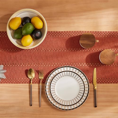 Image of ZeeMart Macrame Style Boho Table Runner, 12x72 Inch Rust | Woven Boho Table Runner with Handmade Tassels, Crochet Hollow Table Scarf, Farmhouse Kitchen Home Decor Dresser Runner