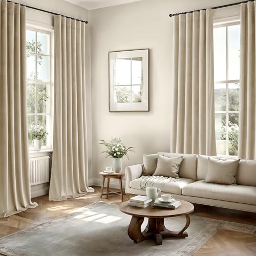 Image of MIULEE Velvet Curtains 50W x 84L 2 Panels Beige Blackout Curtains | Luxury velvet fabric, pinch pleat design, back tab hooks, thermal insulated, blackout light blocking, for living room bedroom