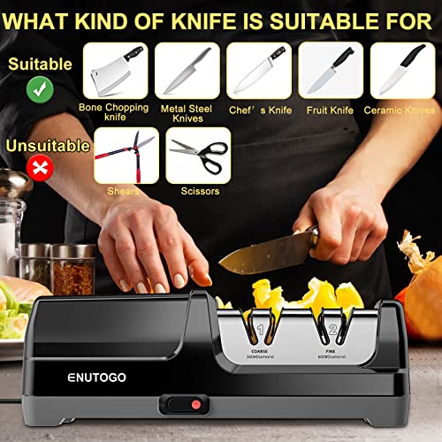 Enutogo Knife Sharpeners, Electric Knife Sharpener With Diamond Abrasives For 20-Degree Straight Edge And Serrated Knives, Professional 2-Stages Kinfe Sharpening And Polishing For Kitchen, Black #TOP3