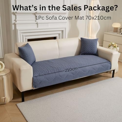 Image of HOMETHREADS Premium Cotton Sofa Cover Mat with PVC Backing for Non-Slip Comfort (Blue, 4 Seater | 70x210cm)