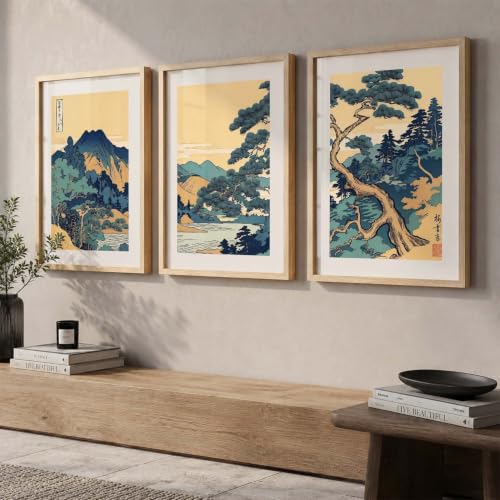 Image of kotart Japanese Nature Art View Framed Poster | Big Aesthetic Nature Art Wall Framed Posters for Living Room Bedroom Wall Decor Set Of 3 (35x37 Inch)
