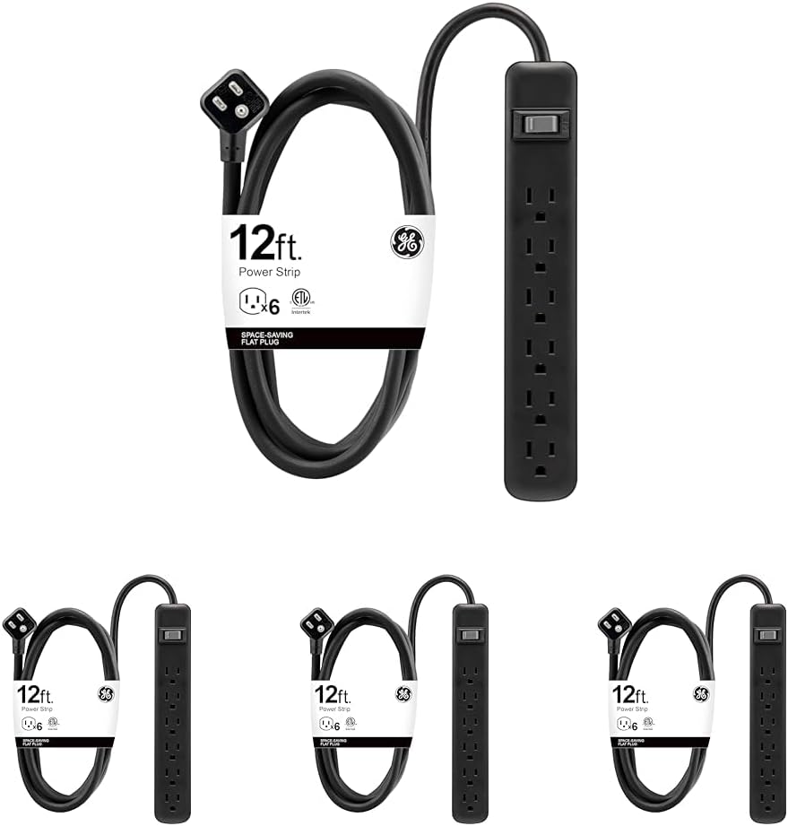 GE 6 Outlet Power Strip,12 Ft Long Extension Cord,3 Prong Outlets,UL Listed,Black,45192,(Pack of 4)