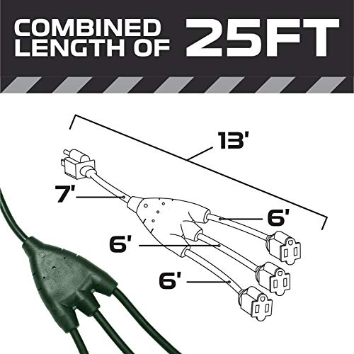 Iron Forge Cable Outdoor Extension Cord With 3 Prong Multiple Outlets 13 Ft,1 To 3 Green Cord Splitter 25 Ft Total Length, Weatherproof Evenly Spaced Extension Cord With 3 Outlets,16/3 Sjtw #TOP9