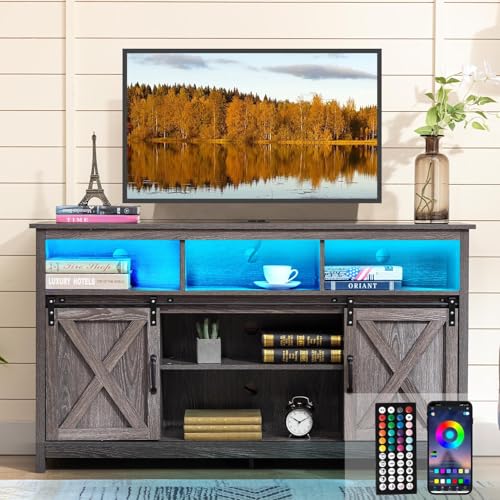 Vinctik 6&Fox 57In Wooden Farmhouse Entertainment Center for 60/65 inch TV,Double Layer Storage Farmhouse TV Stand,Double-Row Sockets with Wood Sliding Barn Door TV Stand(Double Layer Grey Wash)