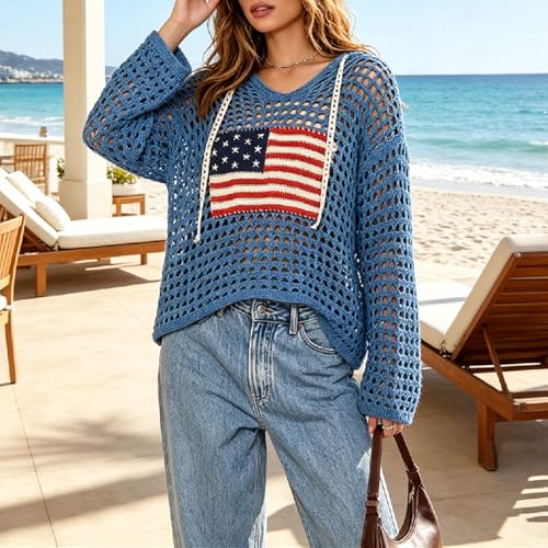 Image of Women's American Flag Crochet Sweater Long Sleeve Hollow Out Lightweight Knit Hoodie 2026 Summer Beach Cover Up Tops