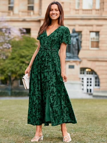 Image of Simplee Women's Velvet Maxi Dress V Neck Short Sleeve Empire Waist Semi Formal Long Cocktail Dresses