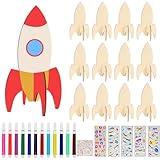 Augesak 12 Piezas Kits de Cohetes de Madera Niños, Madera Cohete de Bricolaje, Juego de Pintura de Cohetes DIY, 3D Puzzle de Cohete Manualidades Creativo Cumpleaños Regalo Niño