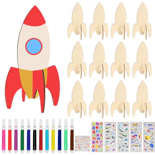 Augesak Bricolage en Bois Fusée, 12 Pièces Kit Bricolage Enfant Fusée, Loisir Creatif Enfant Fusées Peinture Bricolage Cadeau Anniversaire Activites...