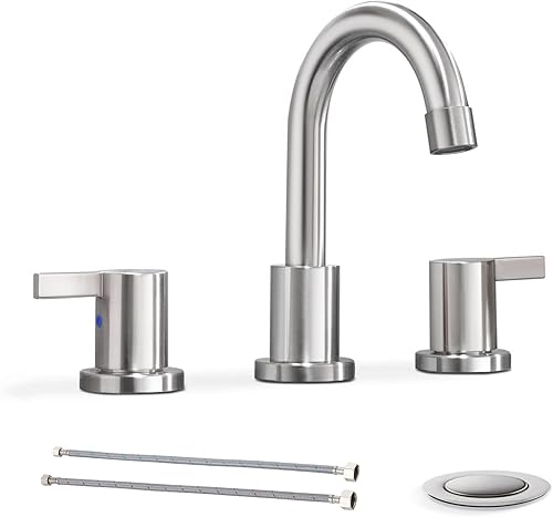 Phiestina Grifo de baño Nicekel cepillado generalizado de 8 pulgadas, 2 manijas, grifo de tocador de baño de 3 agujeros con drenaje mental emergente