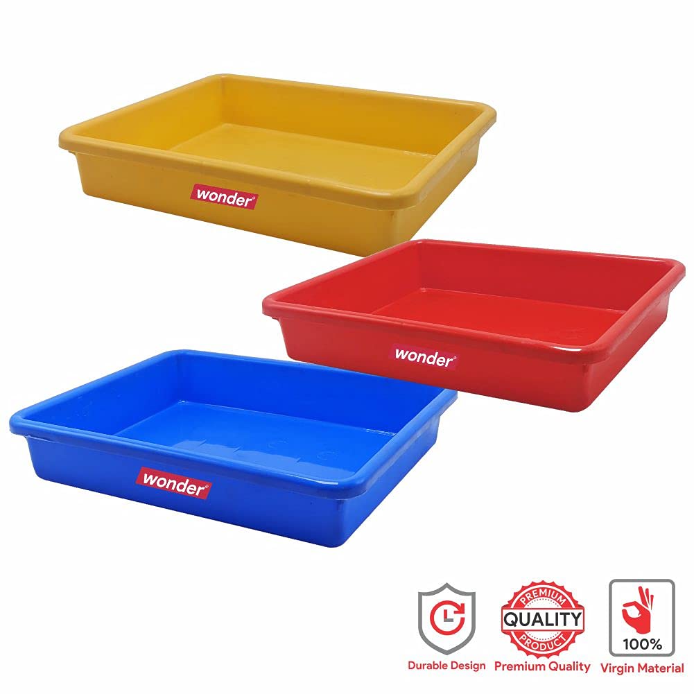 Simply Home Multipurpose Rectangular Small Plastic Trays| Stationary Office Organiser Tray | Strong Plastic Material | Colorful Stackable Storage Trays for Home & Office |Pack of 3 |Red Yellow Blue 1
