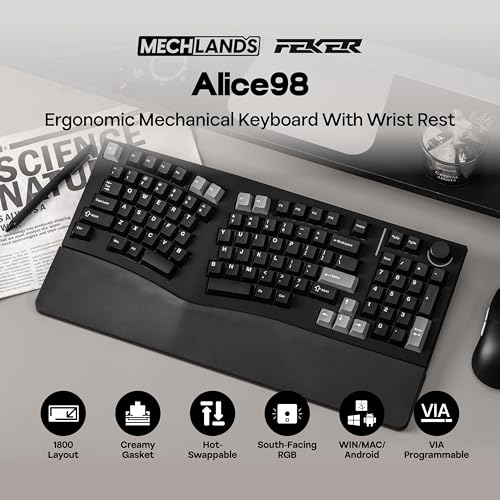 Image of MechLands Feker Alice98 Ergonomic 98 Keys Custom Mechanical Keyboard, VIA Programmable, USB-C Wired Gaming Keyboard, Hot Swappable, 5 Layer Paddings, Control Knob, NKRO, RGB for Win /Mac (Black)