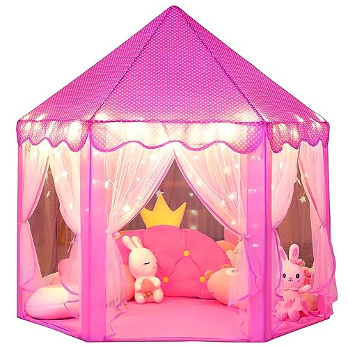 wilwolfer Princess Castle Play Tent for Girls Large Kids Play Tents Hexagon Playhouse with Star Lights Toys for Children Indoor Games (Pink)