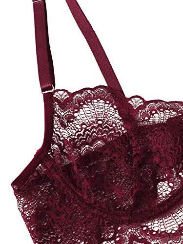 SheIn Women's 3 Piece Floral Lace Lingerie Set with Garter Belts Sexy Bra and Panty Medium Burgundy