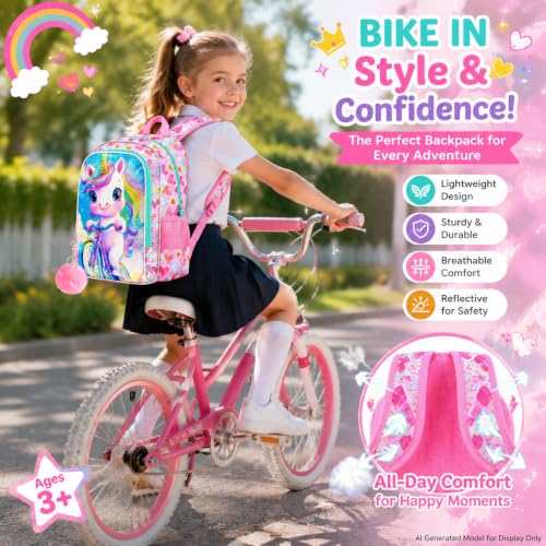 Image of HPJGD 3PCS Unicorn Bookbag for Girls, Kids Bicycle Backpack Set with Lunch Box, Cute Water Resistant Elementary School Bag for Preschool Toddler - Pink Unicorn Bike