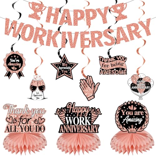 Zirtorei Happy Workiversary Decorations for Women Employee 11pcs Rose Gold Work Anniversary Banner Party Supplies Workiversary Honeycomb Centerpieces Hanging Swirls Business Gift for Office