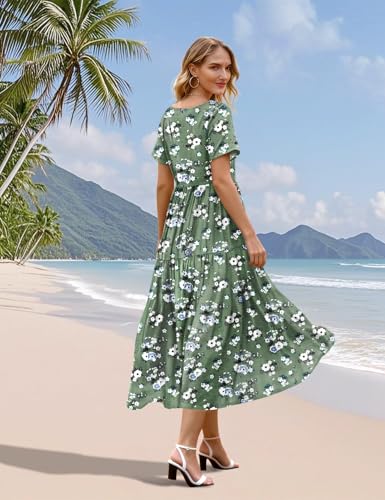 Image of YESNO Women's Summer Maxi Dresses Casual Floral Short Sleeve V Neck Boho Beach Vacation Swing Dress with Pockets EVF