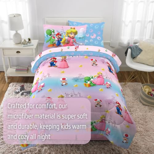 Image of Super Mario Girl Princess Peach Girl Gamer Kids Bedding Super Soft & Cozy Reversible Microfiber Comforter and Sheet Set with Sham, 5 Piece Twin Size, (Officially Licensed Product) By Franco