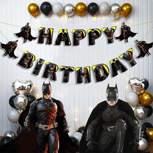 Batmn Happy Birthday Banner for Boys Party Decorations – Superhero Theme Birthday Garland – Comic Style Wall Hanging Banner – Bat Hero Birthday Party Supplies or Comic-Inspired Celebrations