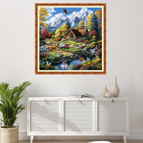 Image of Findvoor Stamped Cross Stitch Kits for Beginner Embroidery Kits for Beginners Adults DIY 11CT Cross Stitch Patterns Needlepoint Kits Crossstitching Kits-Forest Home 18x18 inch