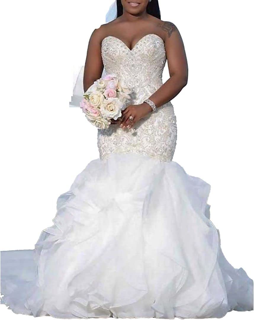 Women's Lace Wedding Dresses for Bride 2024 Ball Gowns Sweetheart Mermaid Tulle Tiered Wedding Dress for Garden/Outdoor