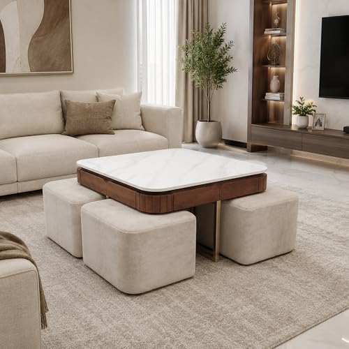 Image of The Attic Carlston Coffee Table for Living Room, Solid Wood Centre Table with Ceramic Top, Tobacco Brown Finish