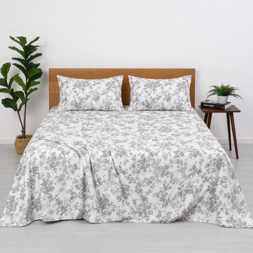 Image of Bedsheet for King Bed Include Pillow Covers | Grey Bloom Elegance Premium Bedding | Pure Cotton 144 Thread Count|108x108 inch - Grey Bloom Elegance
